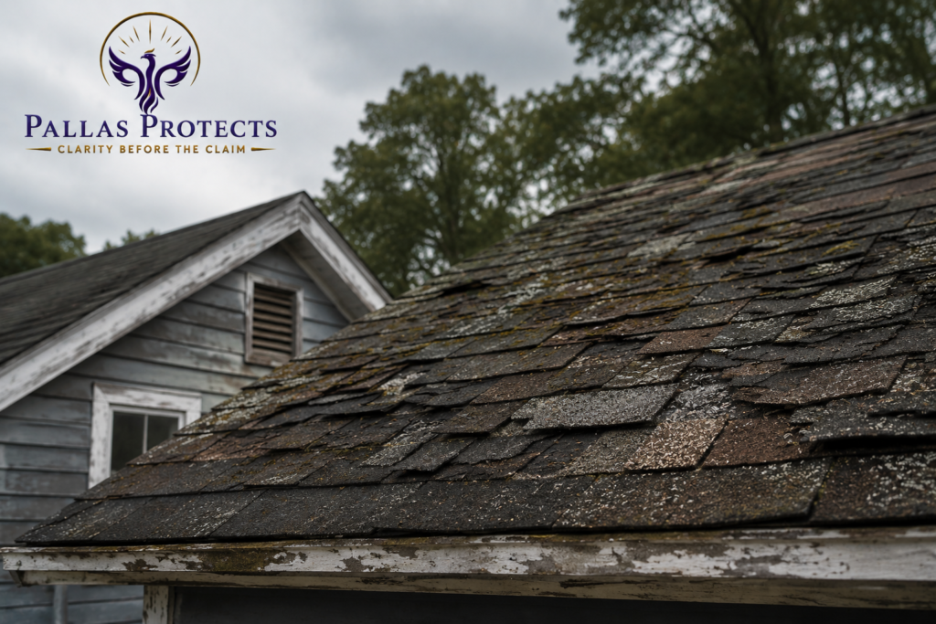 Current image: Weathered asphalt shingle roof showing signs of age and wear on a residential home