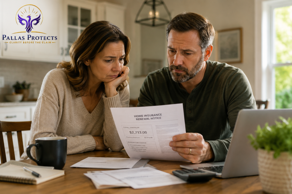 Current image: Homeowners reviewing a home insurance renewal notice after a premium increase